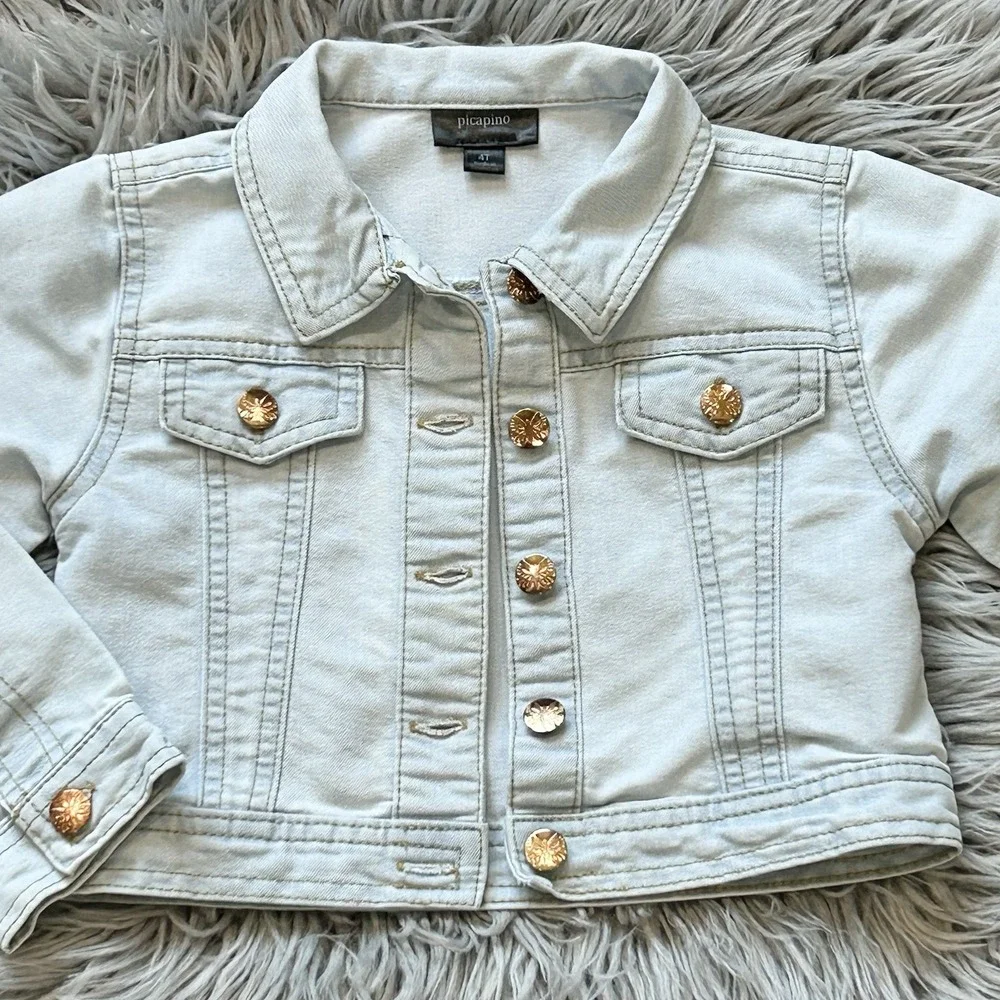 Picapino Girls Light Wash Denim Button Up Jean Jacket Size 4T